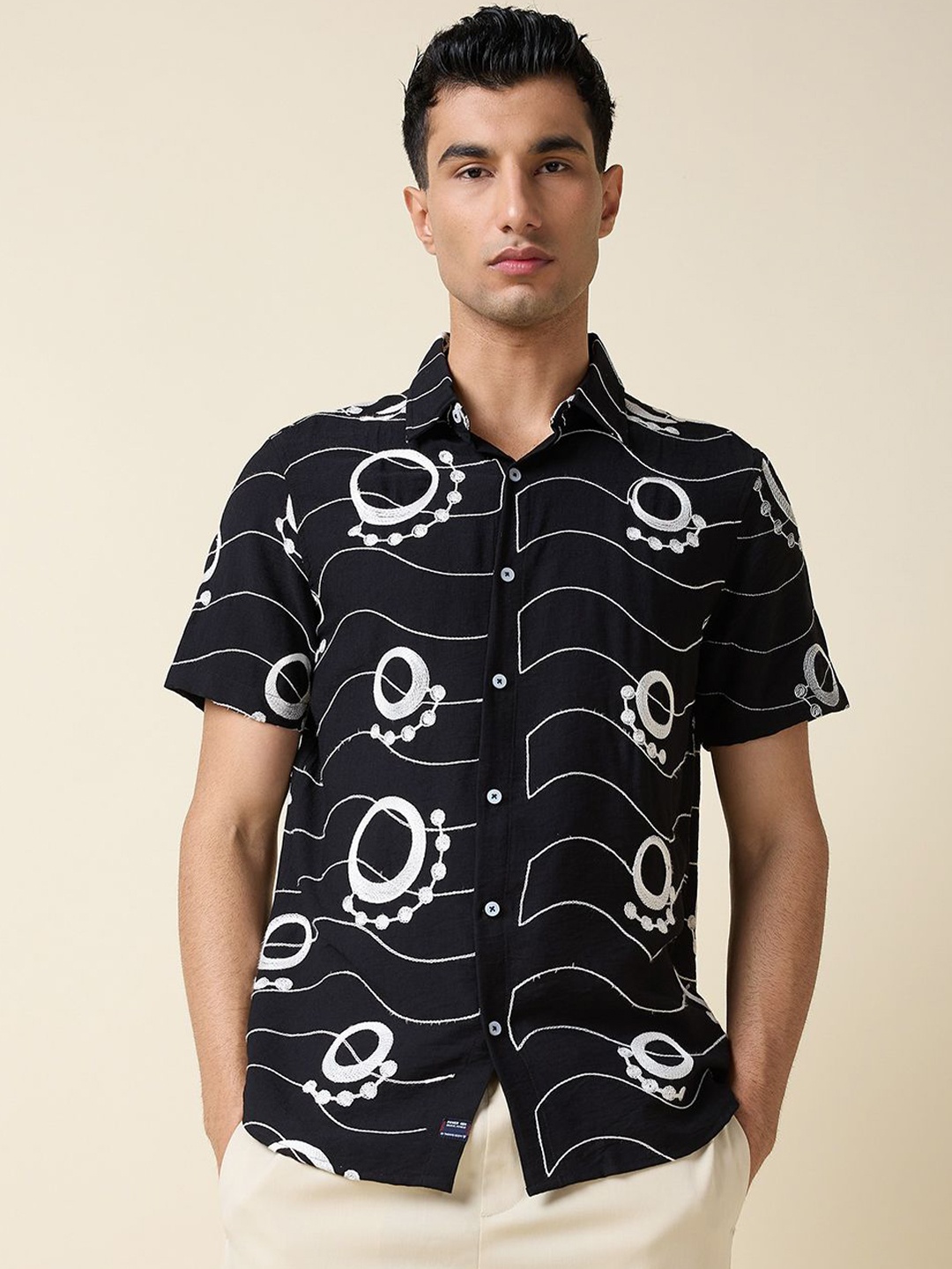 

Thomas Scott Men Embroidered Regular Fit Casual Shirt, Black