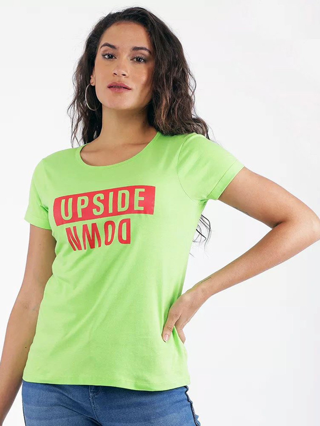 

Classy Hangers Women Typography Printed Applique T-shirt, Green