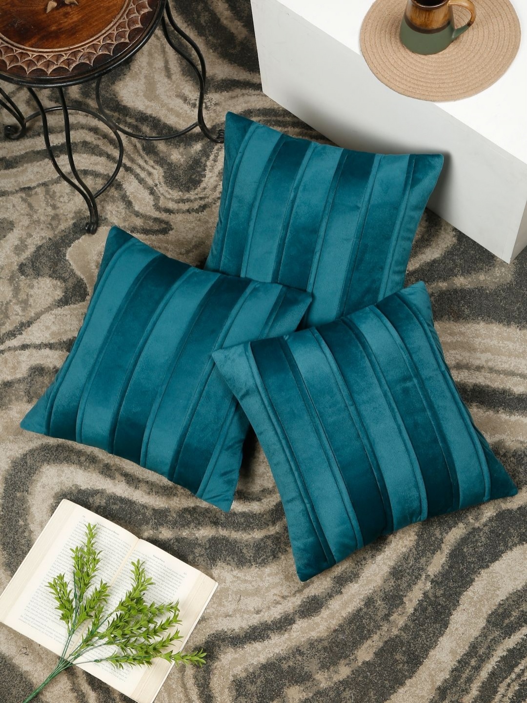 

SOKNACK Turquoise Blue 3 Pieces Striped Velvet Square Cushion Covers