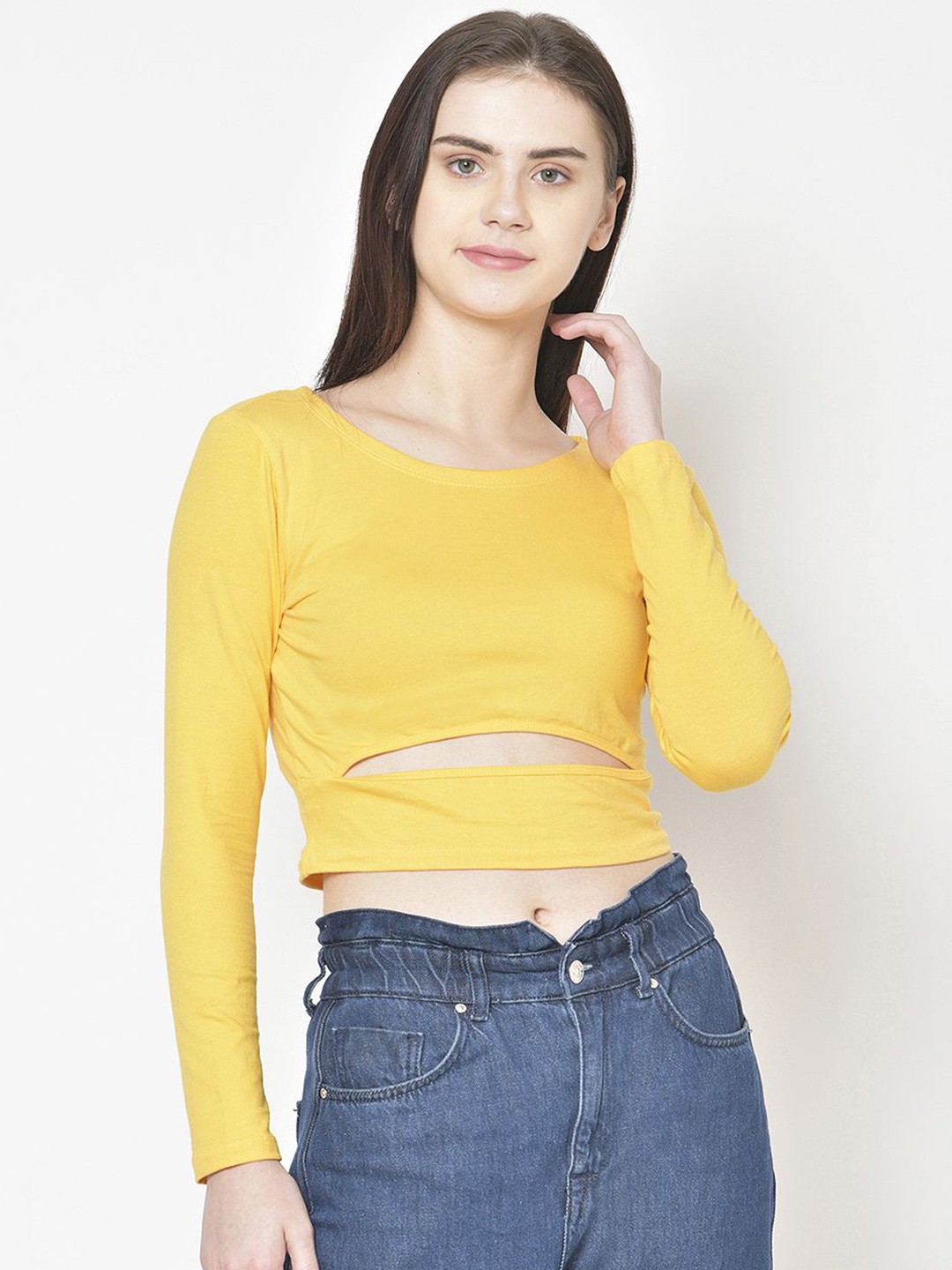

Moda Rapido Women Solid Pure Cotton Cut Out Crop Top, Yellow