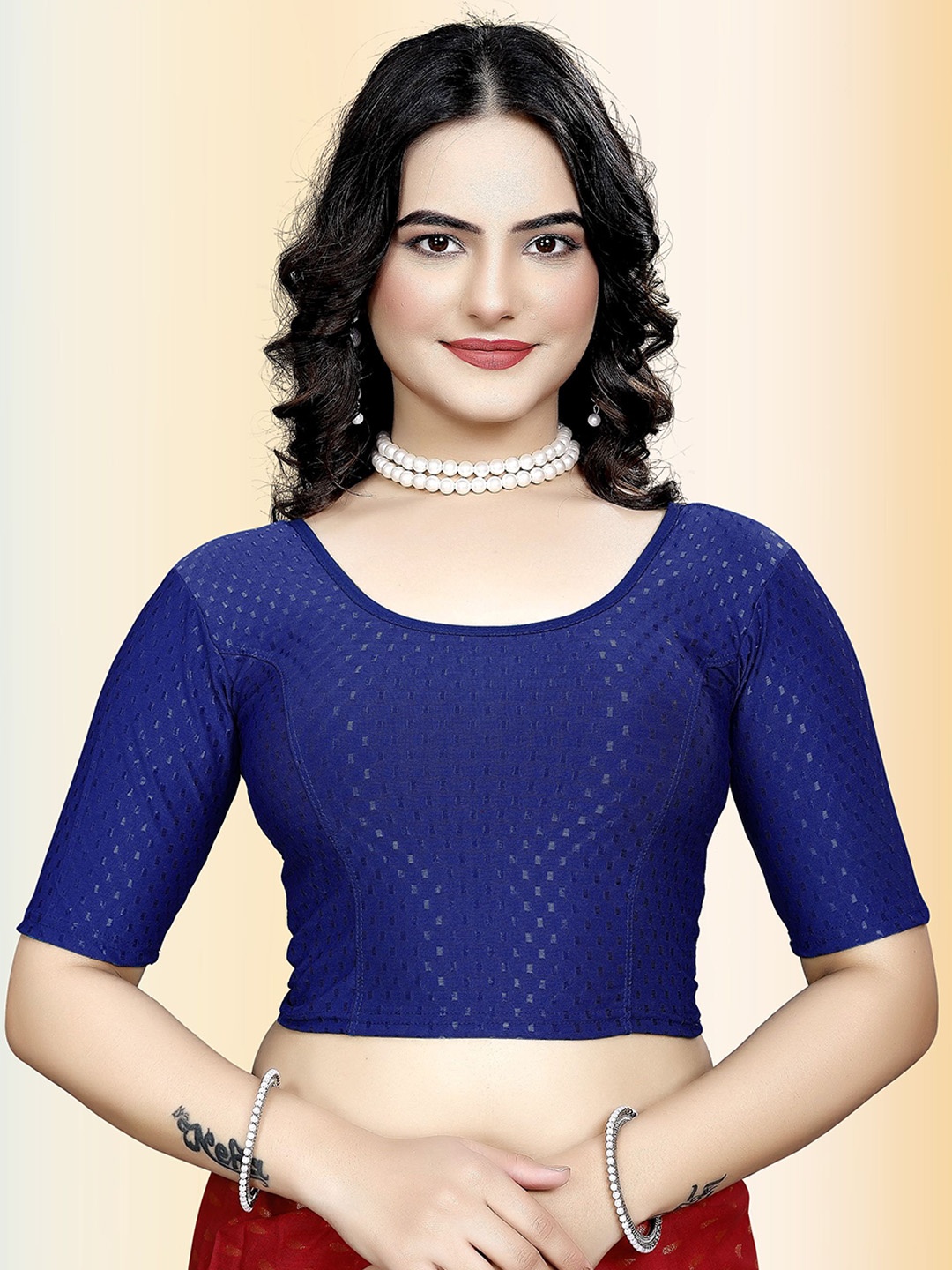 

TANISHM FEB TEX Embellished Round Neck Cotton Saree Blouse, Navy blue