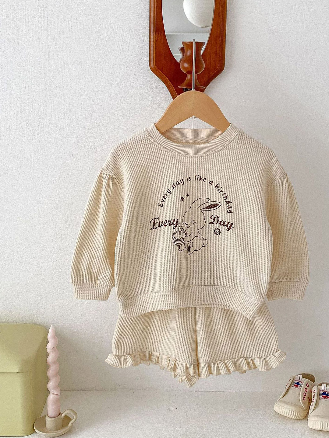 

LULU & SKY Girls Printed Round Neck Cotton Sweatshirt With Shorts, Beige