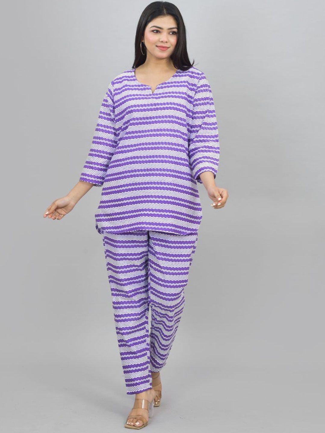 

ATARAH Women Striped Regular Pure Cotton Top with Trousers & With Dupatta, Purple