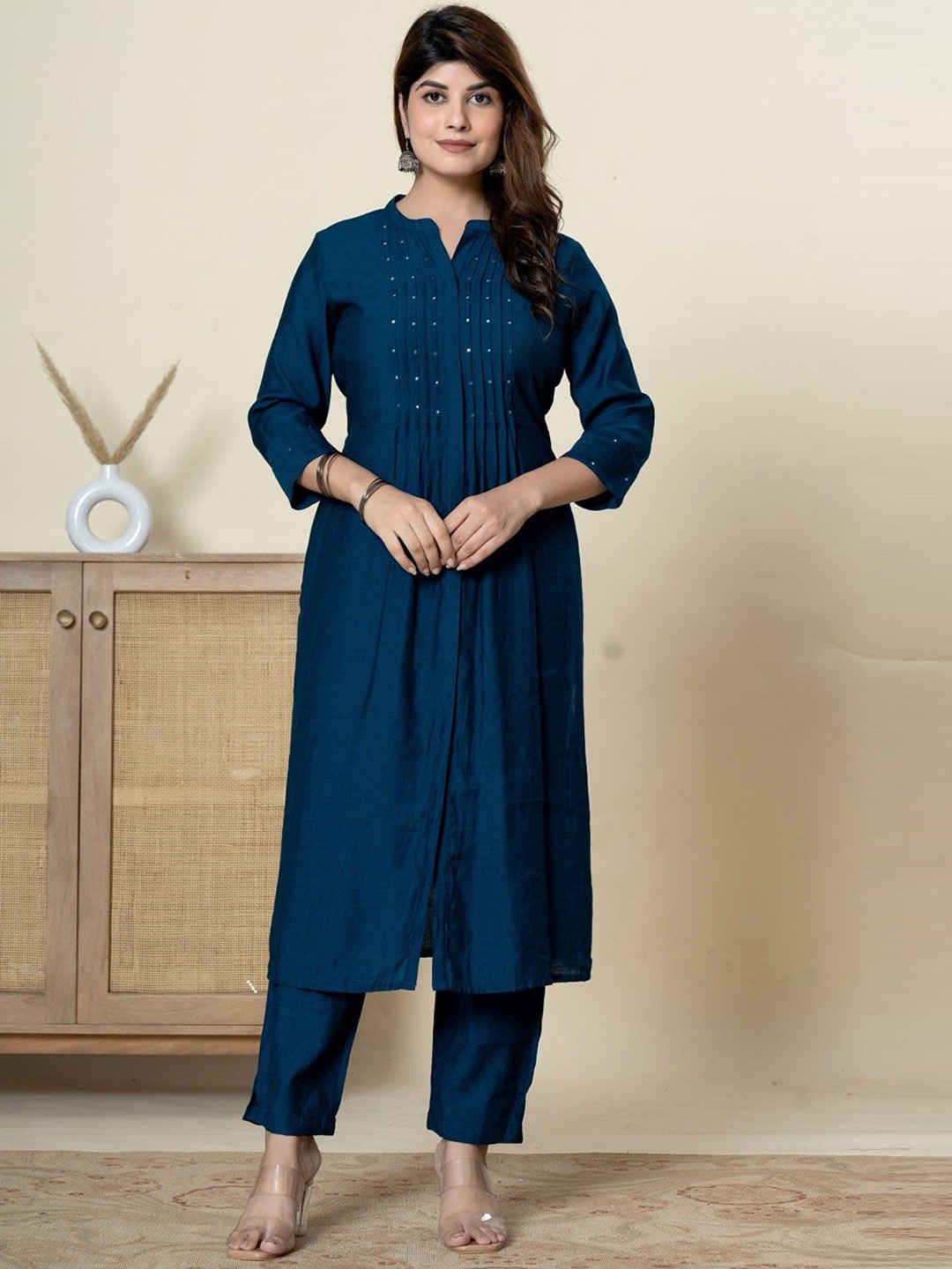 

AUTUMN LANE Mandarin Collar Kurta With Trouser, Navy blue