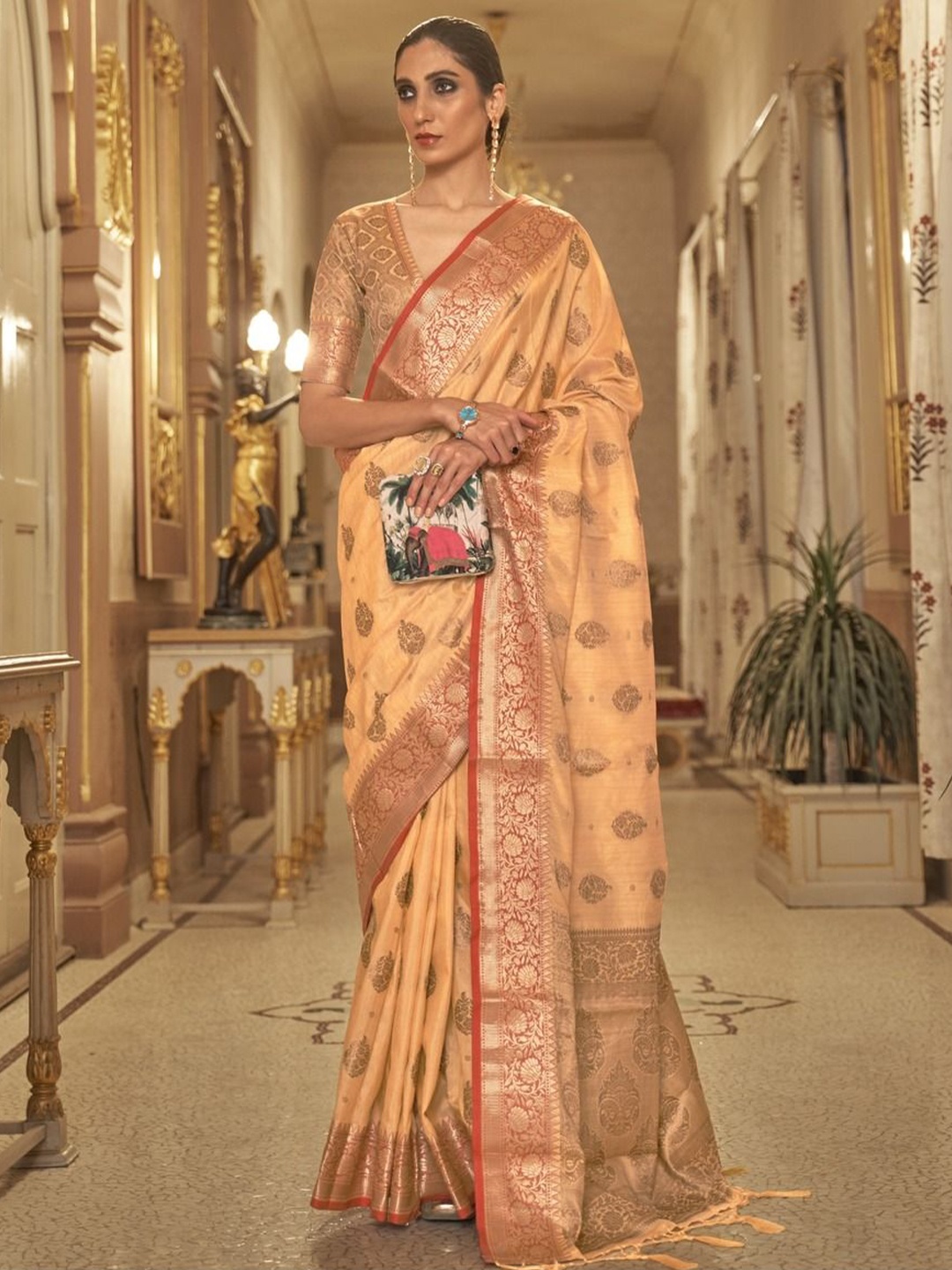 

Anouk Woven Design Zari Silk Blend Banarasi Saree, Peach