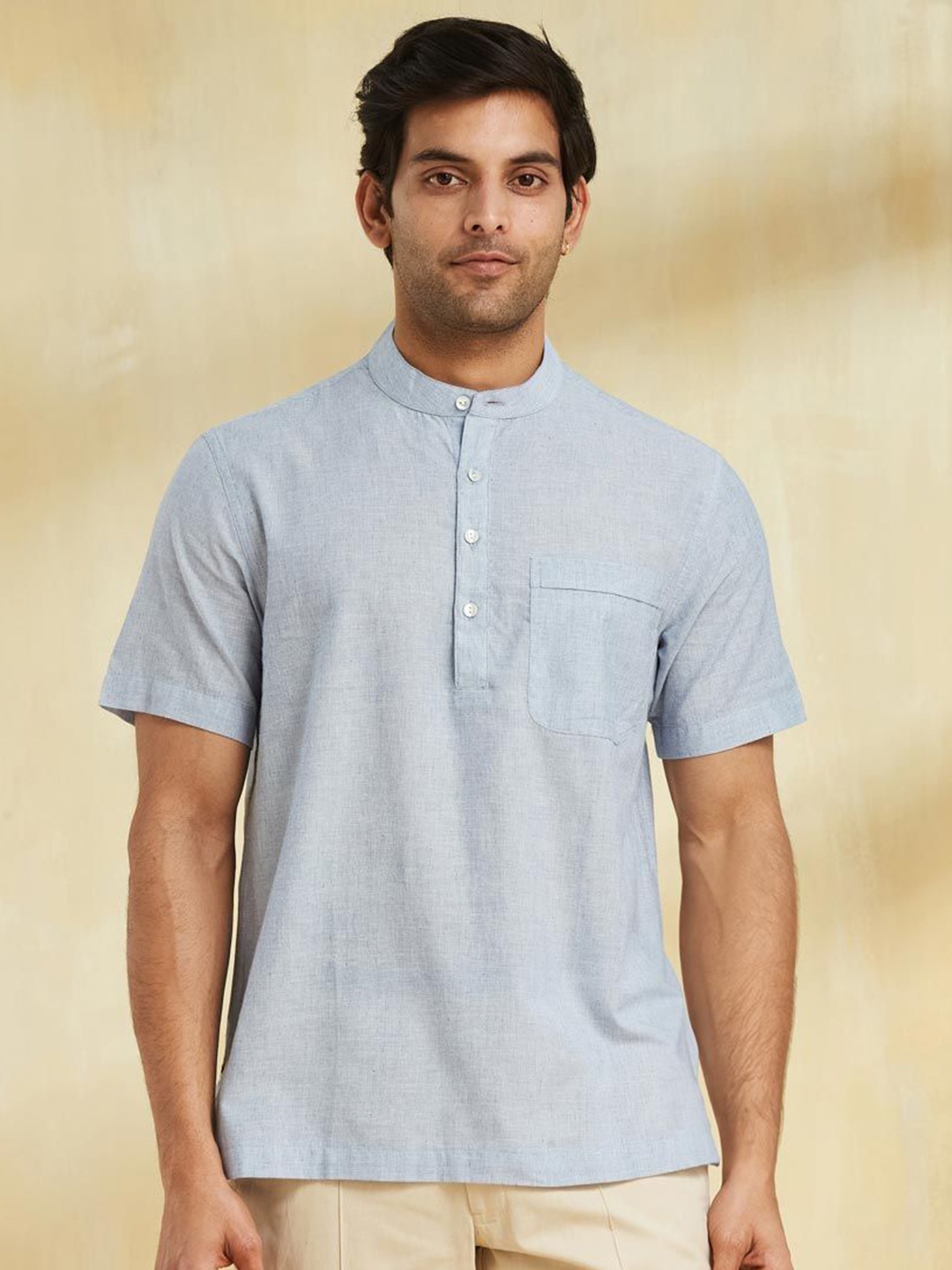 

Fabindia Men Band Collar Solid Cotton Casual Shirt, Blue