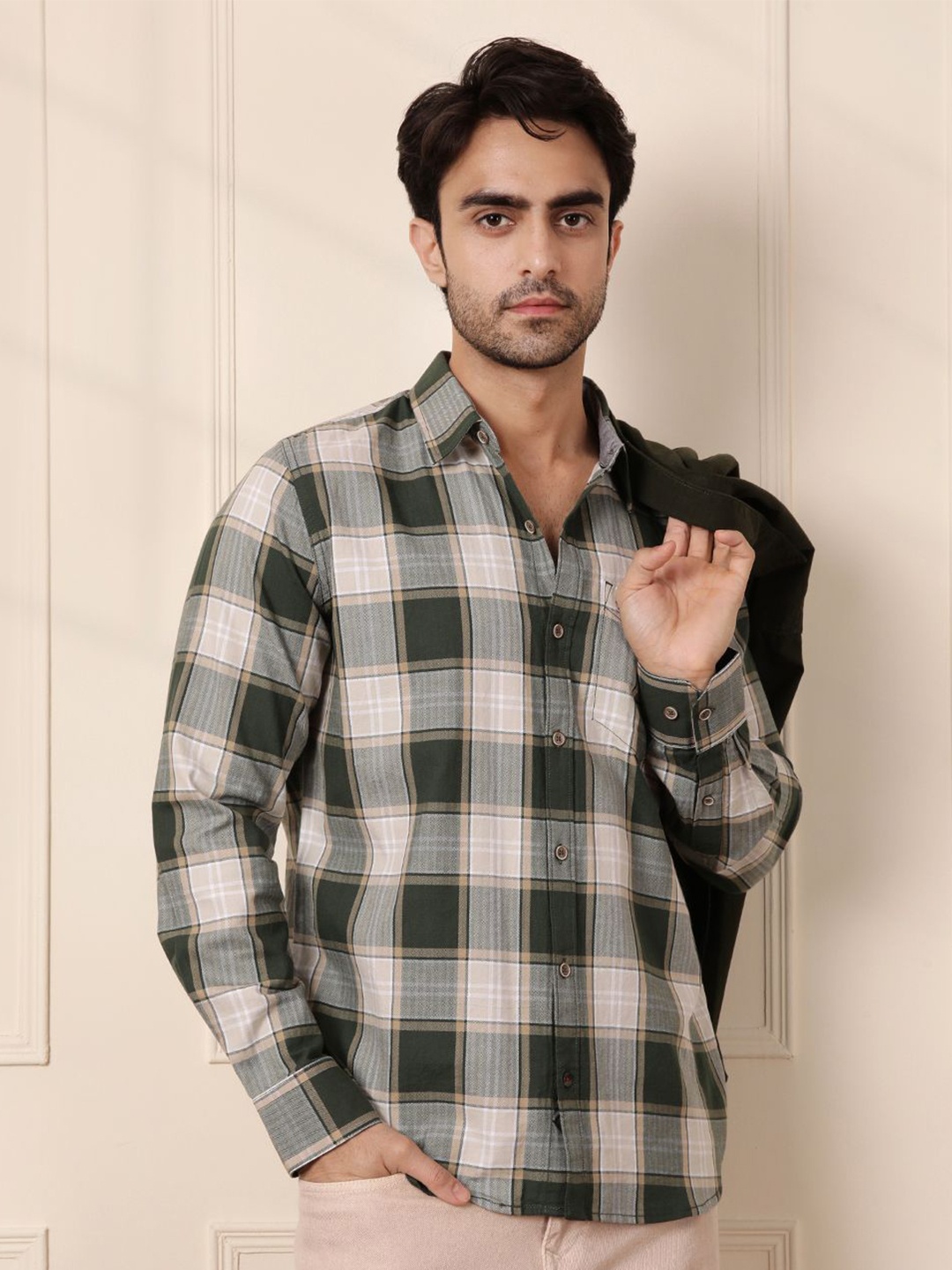 

WROGN Men Comfort Fit Spread Collar Tartan Checked Cotton Casual Shirt, Green