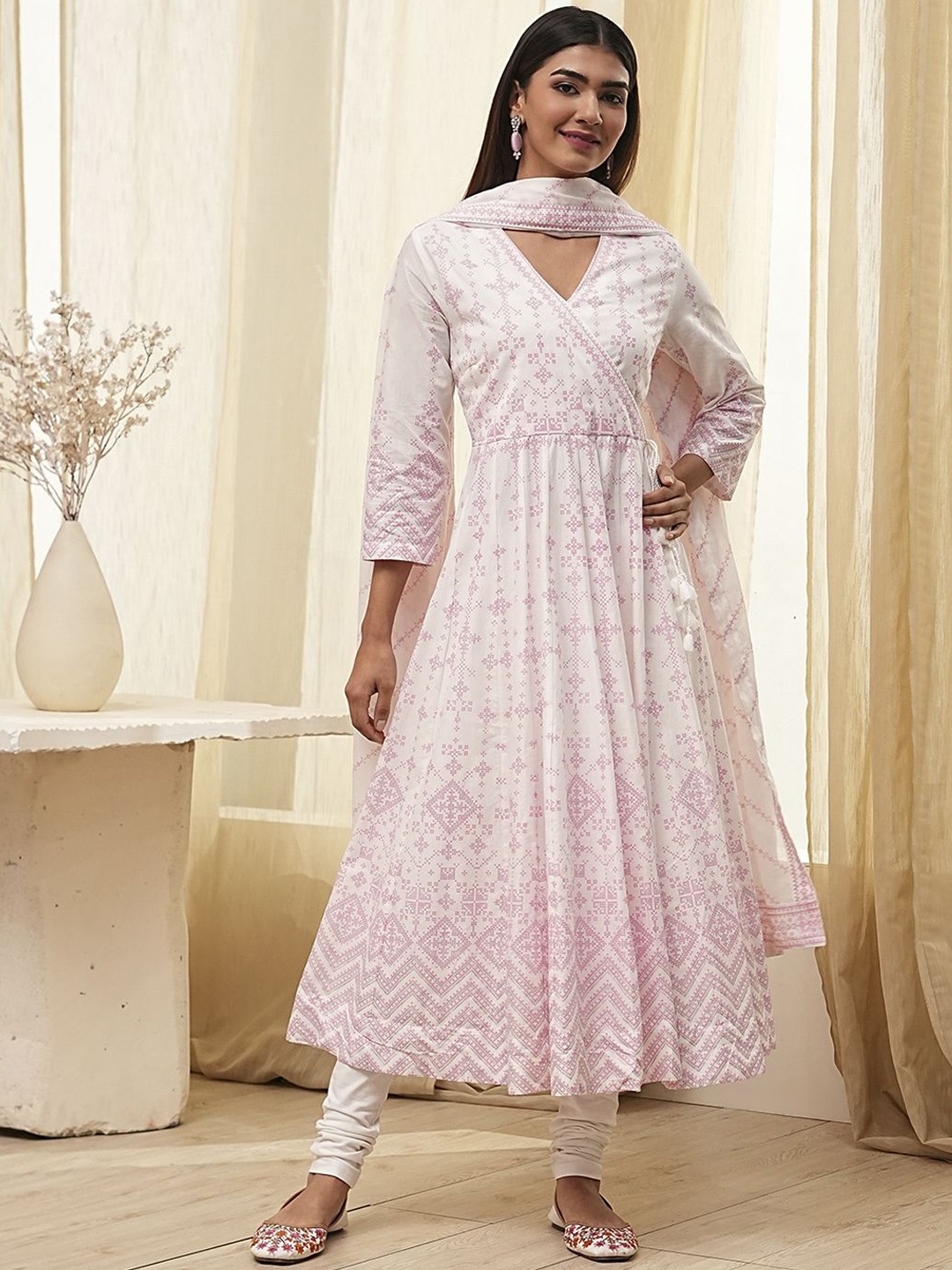 

Biba Floral Printed V-Neck Pure Cotton Angrakha Kurta With Churidar And Dupatta, Pink