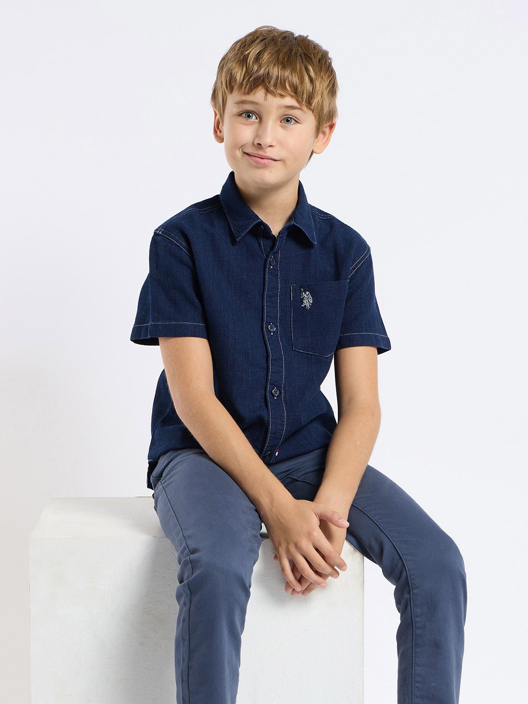 

U.S. Polo Assn. Kids Boys Spread Collar Textured Cotton Casual Shirt, Navy blue