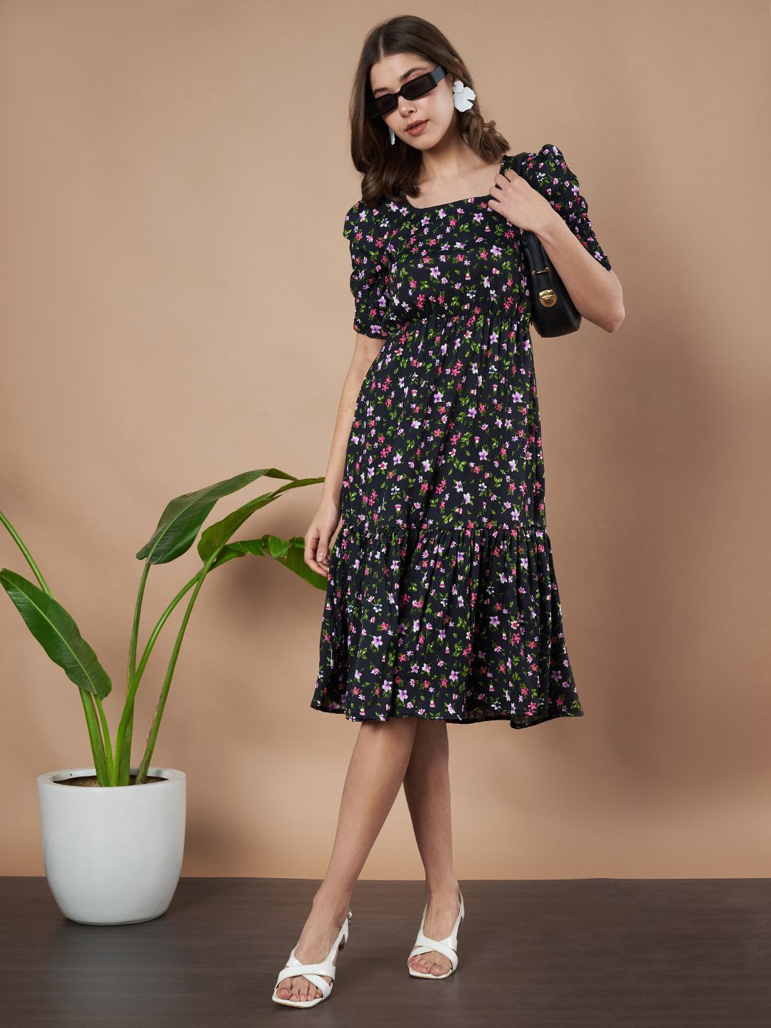 

Istyle Can Women Floral Printed Fit and Flare Dress, Black