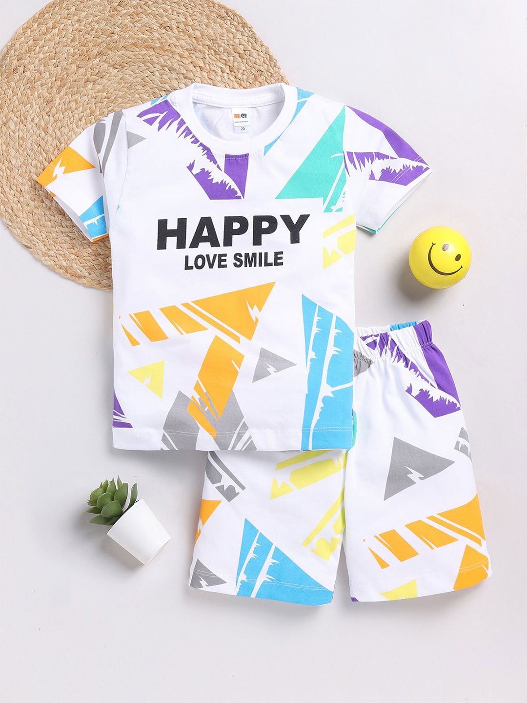 

LITTLE NINJA Boys Printed Round Neck Pure Cotton T-Shirt With Shorts, White
