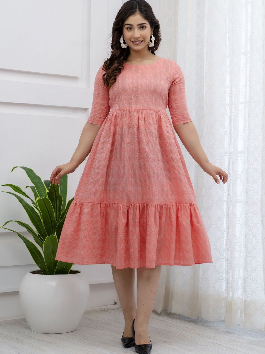

Demirner Cotton Fit & Flare Pleated Midi Dress, Peach