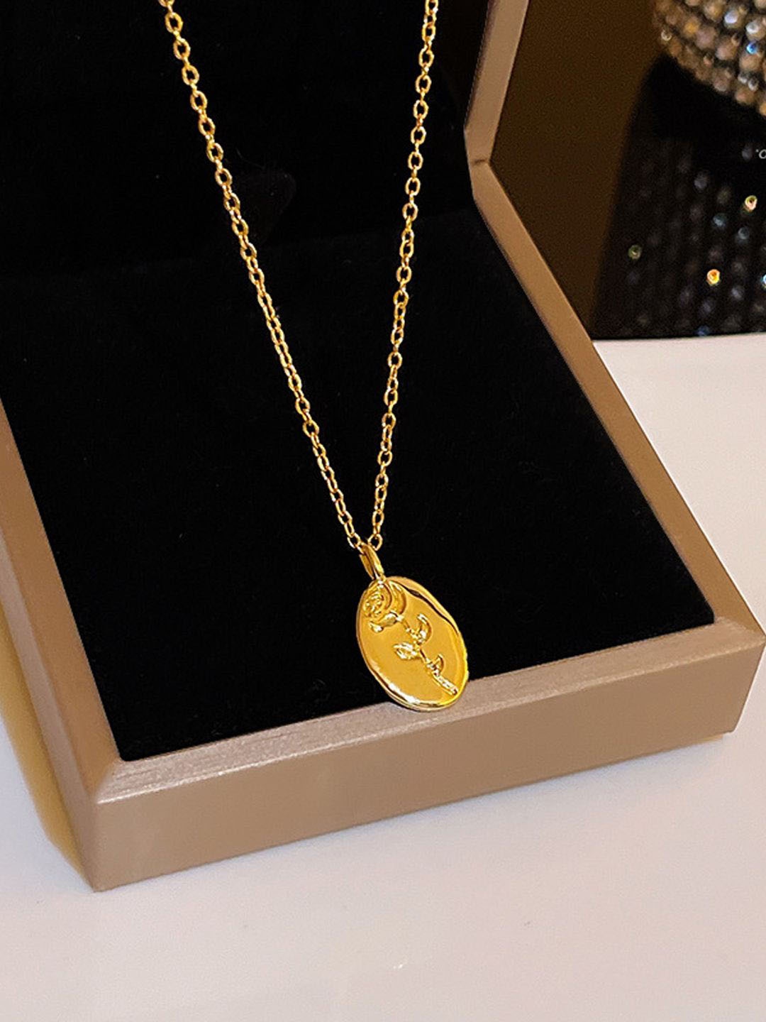 

BEYTER Gold-Plated Stainless Steel Oval Rose Charm Pendant With Chain