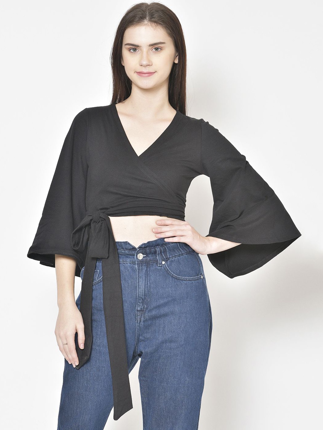 

Moda Rapido Cotton Flared Sleeves Tie-Ups Detailing Wrap Style Crop Top, Black