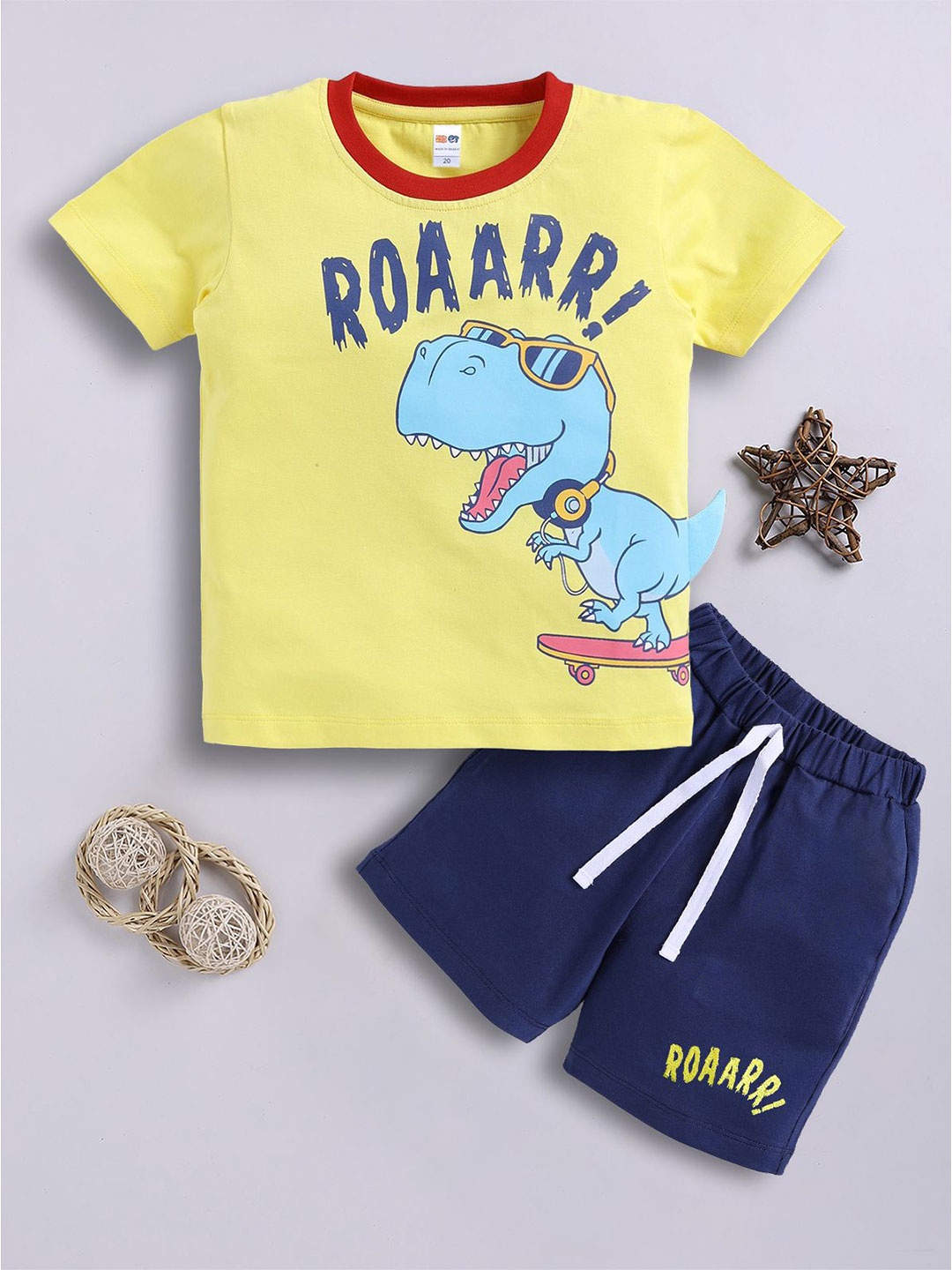 

LITTLE NINJA Boys Printed Round Neck Pure Cotton T-Shirt With Shorts, Yellow