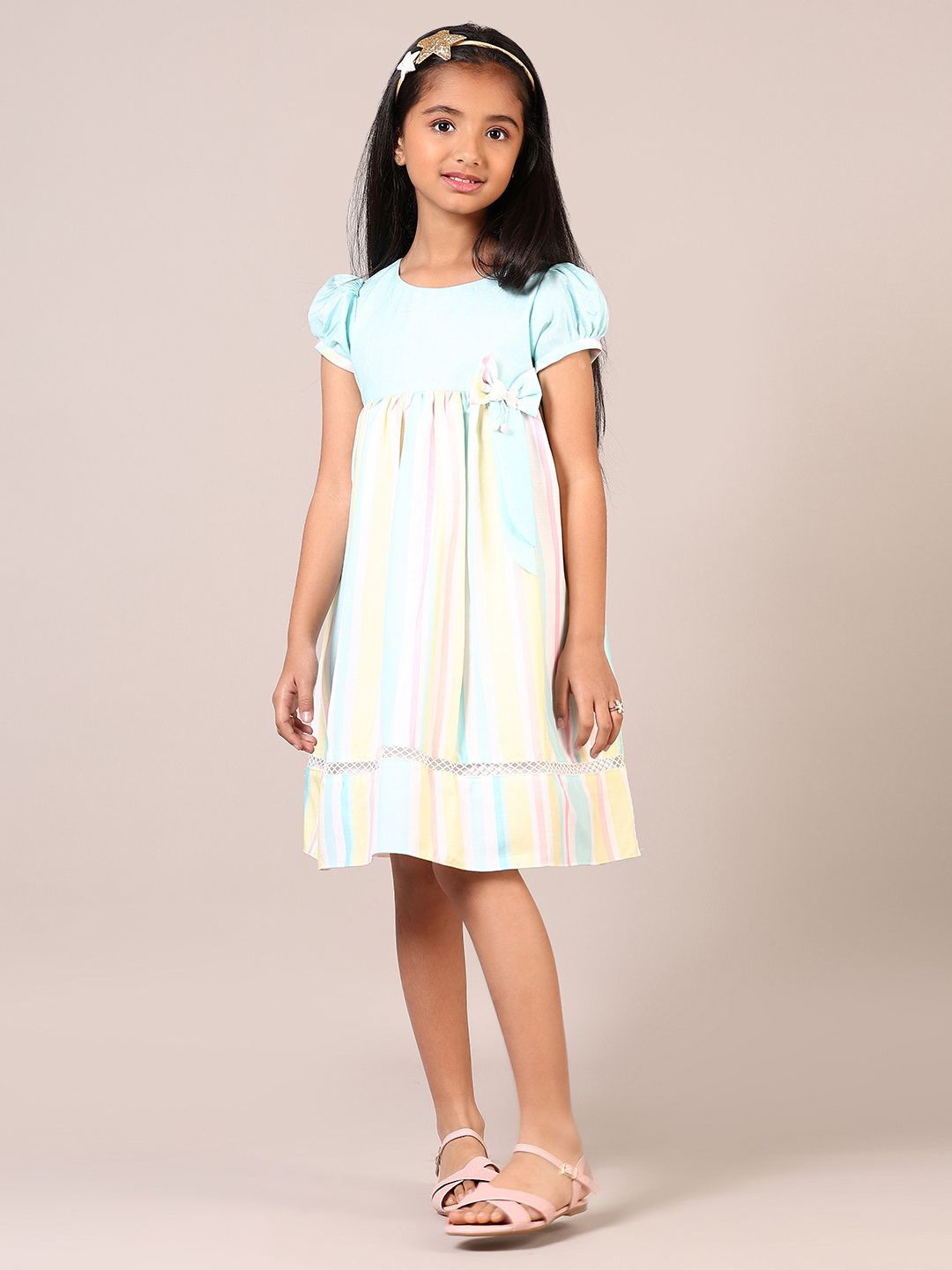 

V-Mart Girls Candy Stripes Printed Puff Sleeves Empire Knee Length Dress, Blue