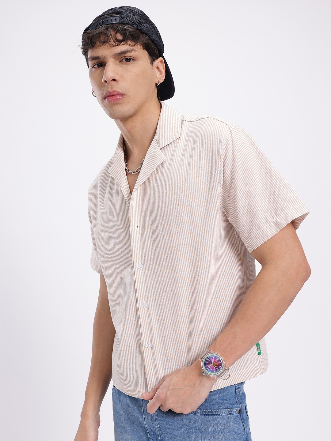 

glitchez Sun-Worn Stripes Cuban Collar Regular Fit Casual Shirt, White