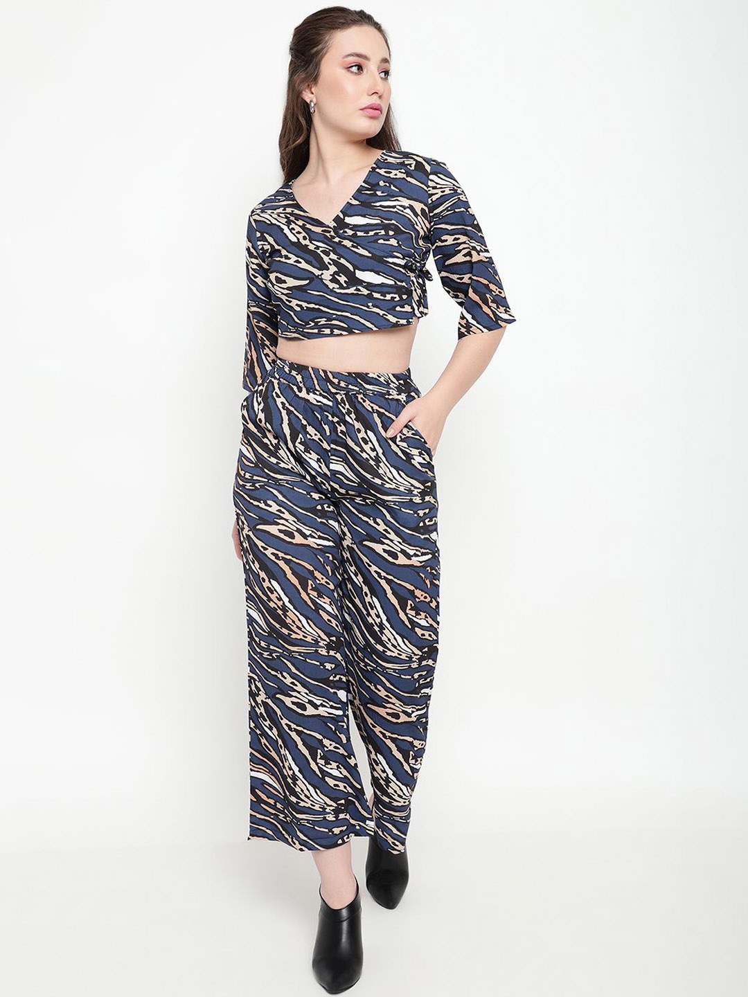 

Satrisha Abstract Printed V-Neck Crop Top With Trouser, Navy blue