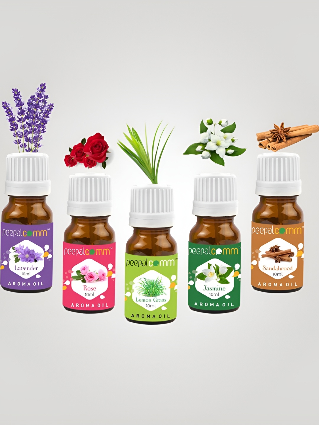 

PEEPALCOMM 5-Pcs Black Rose Lemongrass Jasmine Lavender & Sandalwood Aroma Oils - 10 ml