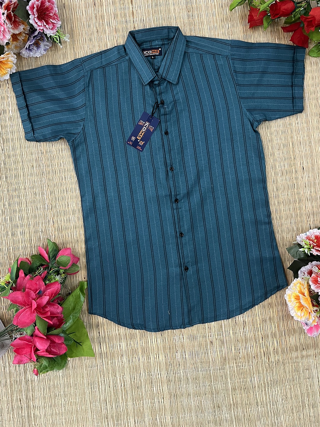 

iCome Men Spread Collar Vertical Striped Cotton Linen Casual Shirt, Blue