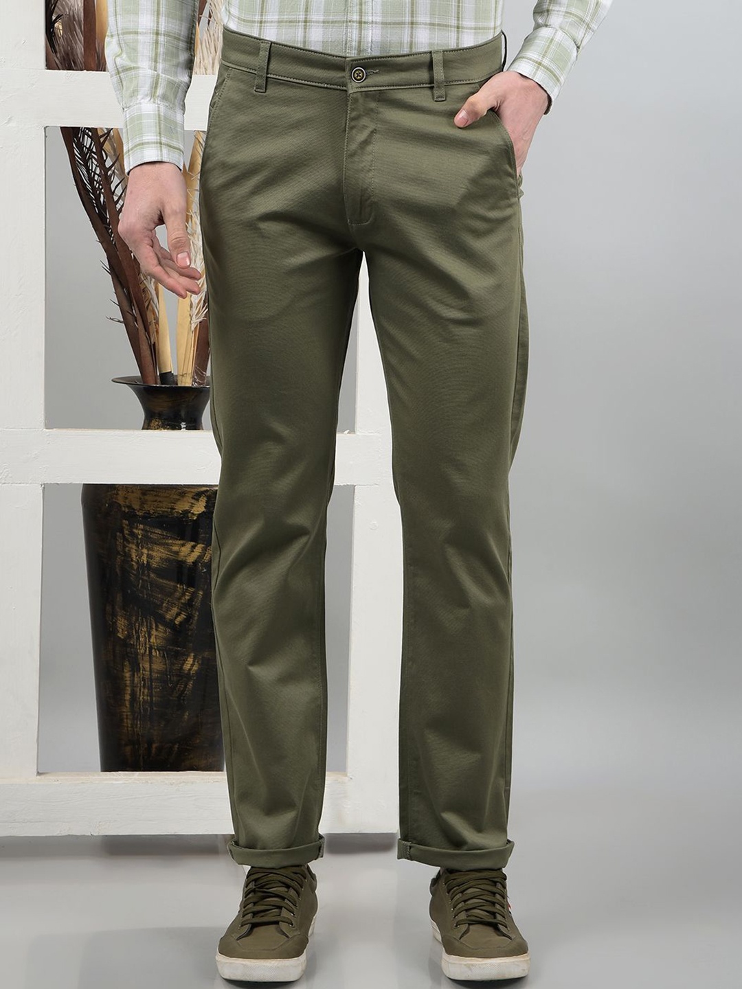 

Crimsoune Club Men Smart Straight Fit Chinos Trousers, Olive