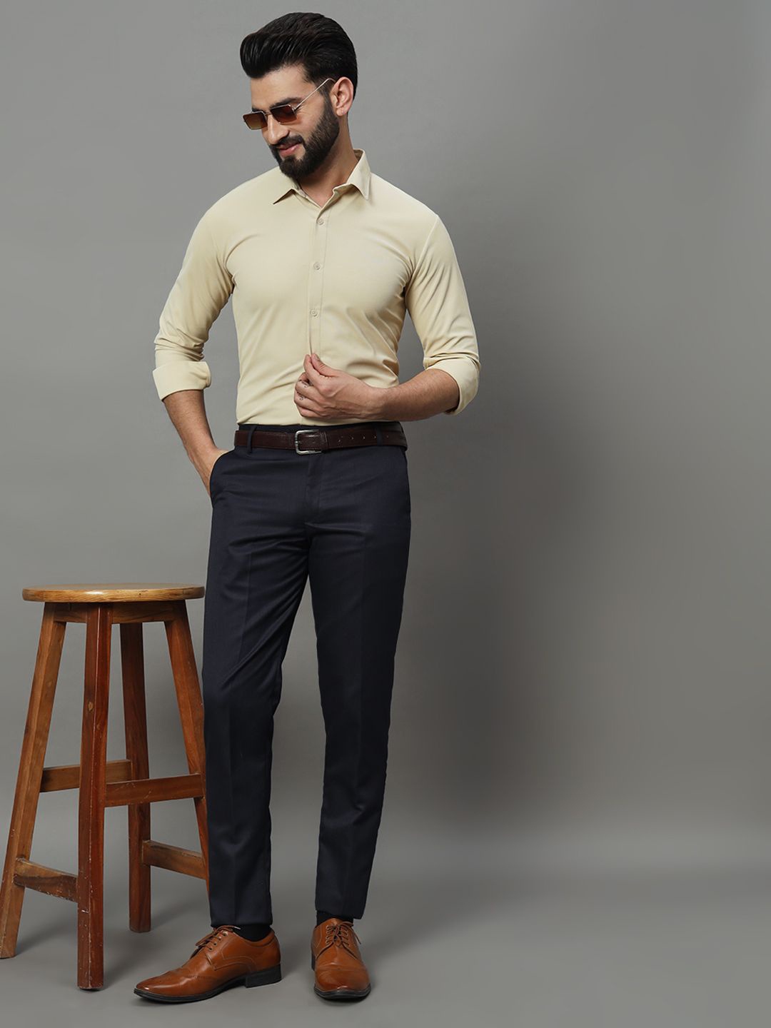 

RENUOVO Men Slim Fit Spread Collar Solid Cotton Formal Shirt, Cream