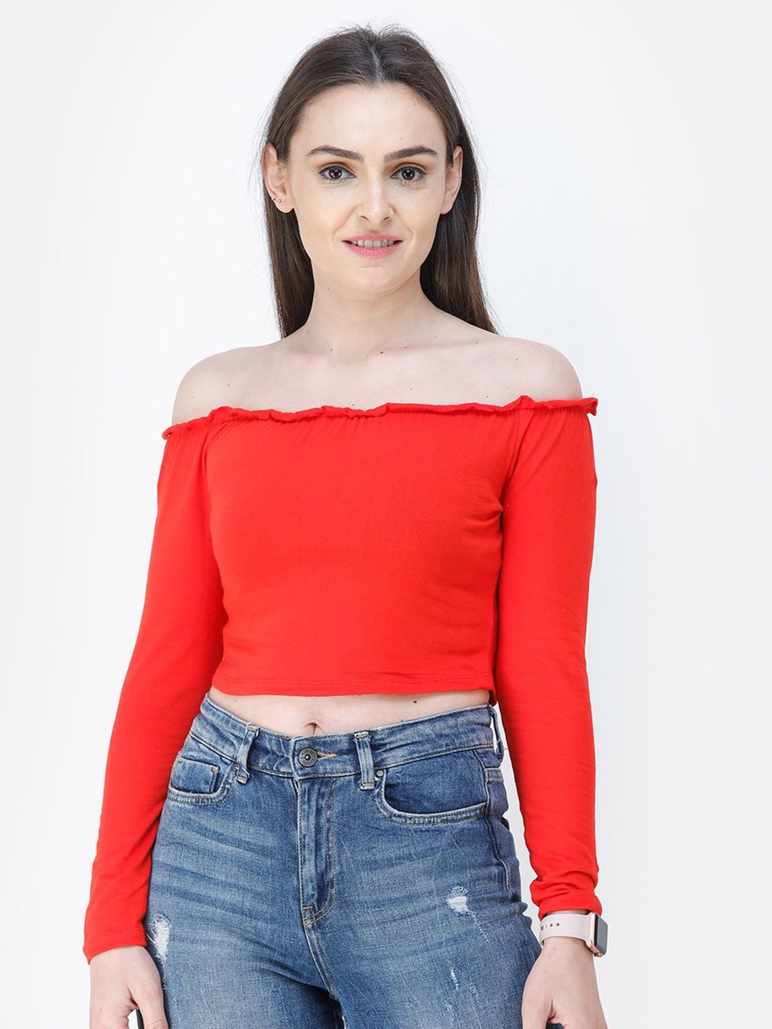 

Moda Rapido Women Solid Off-Shoulder Cotton Crop Bardot Top, Red