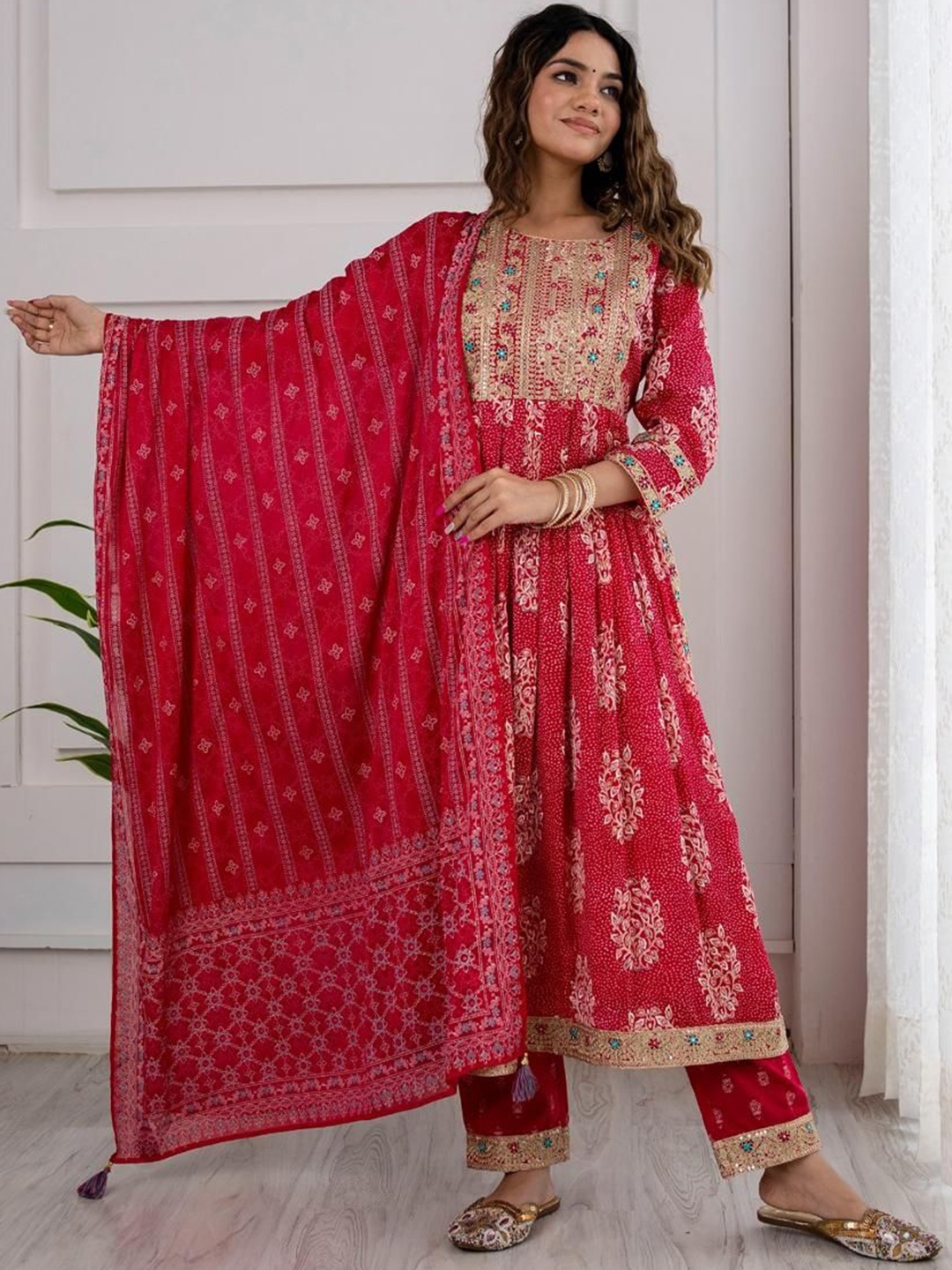 

Gauric creation Floral Printed Embroidered Sequinned Kurta With Trousers And Dupatta, Pink