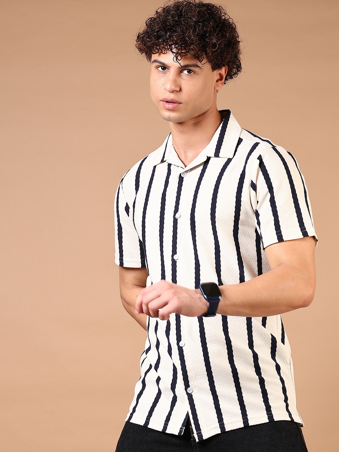 

V-Mart Men Cuban Collar Vertical Striped Cotton Casual Shirt, Off white