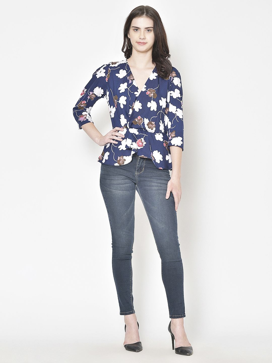 

Moda Rapido Women Floral Printed Wrap Top, Navy blue