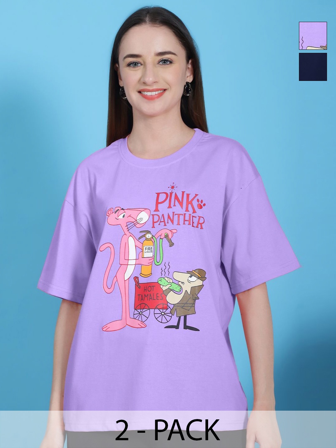 

Dreambe Women Pack Of 2 Graphic Printed Round Neck Cotton Oversized T-shirts, Pink