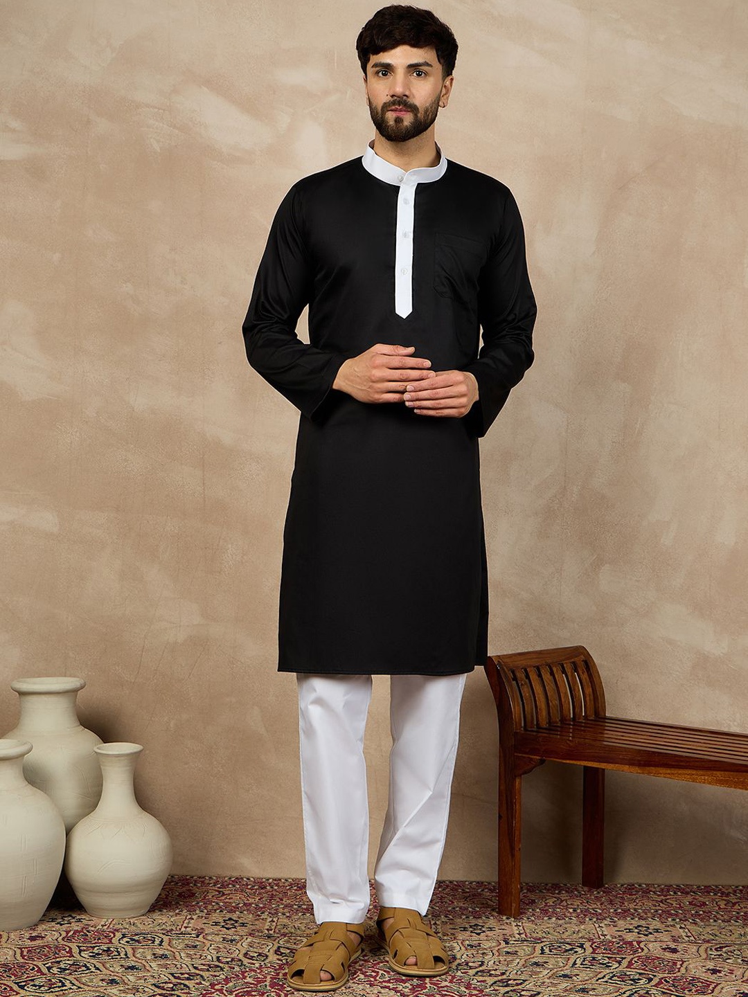 

NABIA Band Collar Pure Cotton Straight Kurta, Black