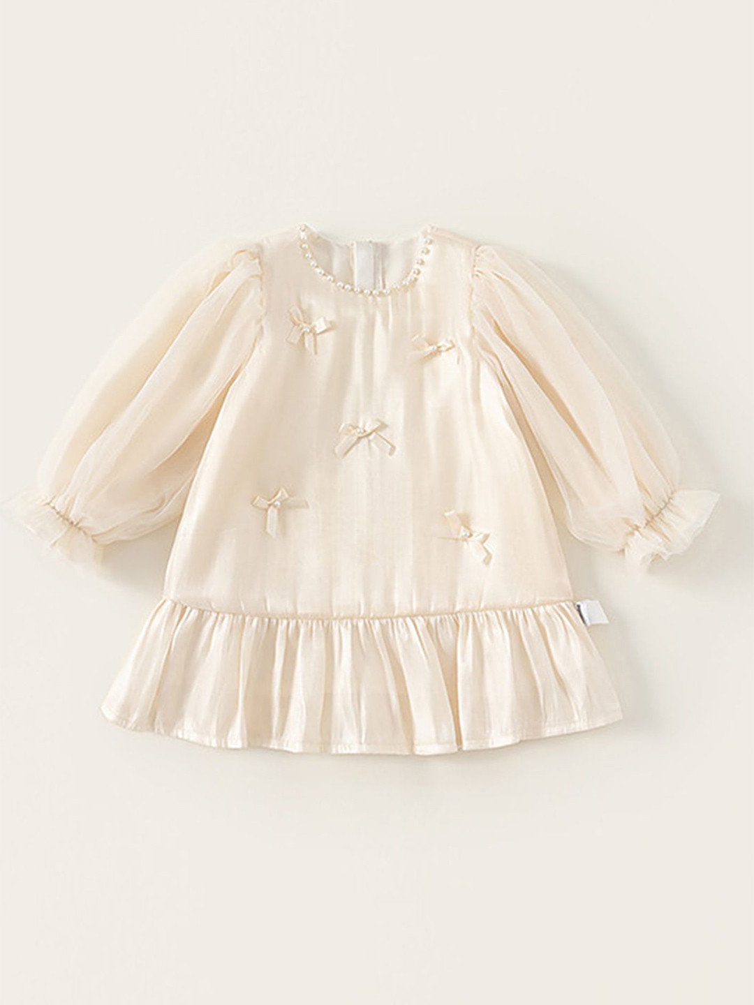 

LULU & SKY Embellished Puff Sleeve A-Line Dress, Beige