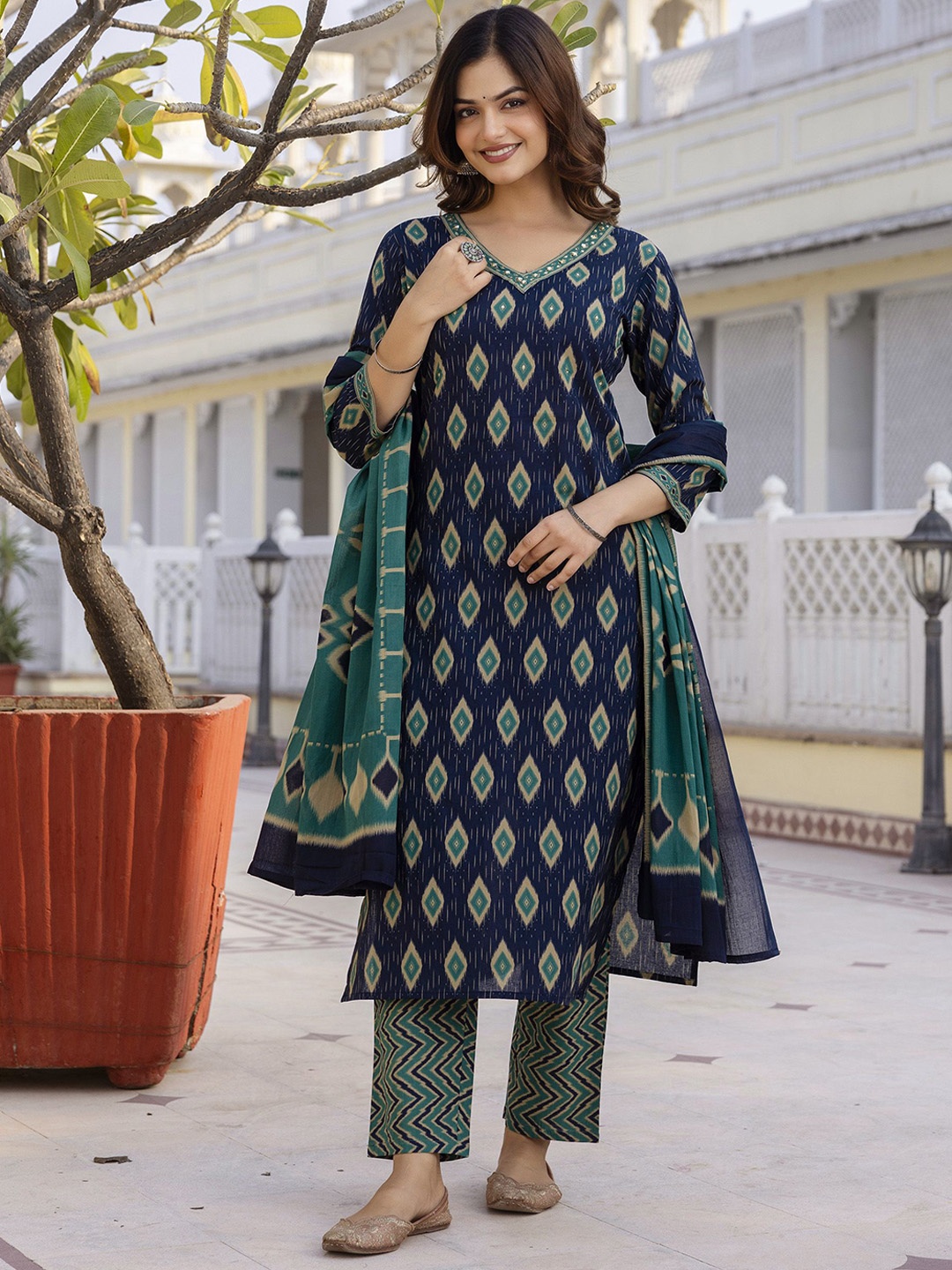 

Anouk Women Printed Regular Aari Work Pure Cotton Kurta with Trousers & With Dupatta, Green