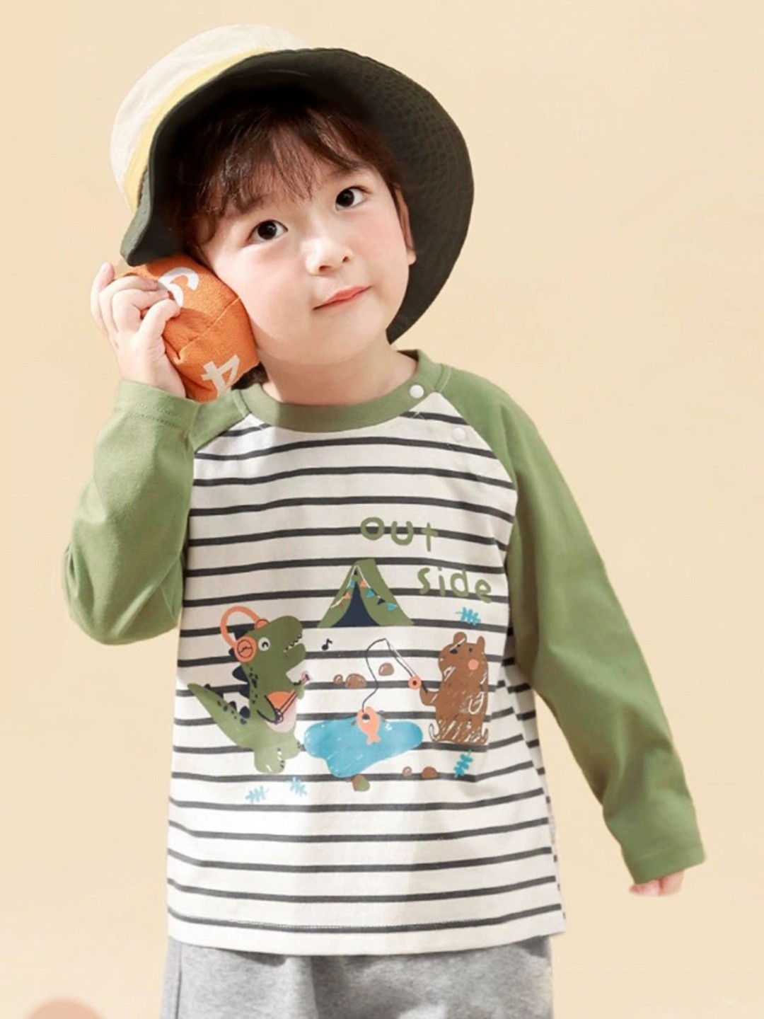 

LULU & SKY Boys Striped Round Neck Cotton Oversized T-shirt, Olive