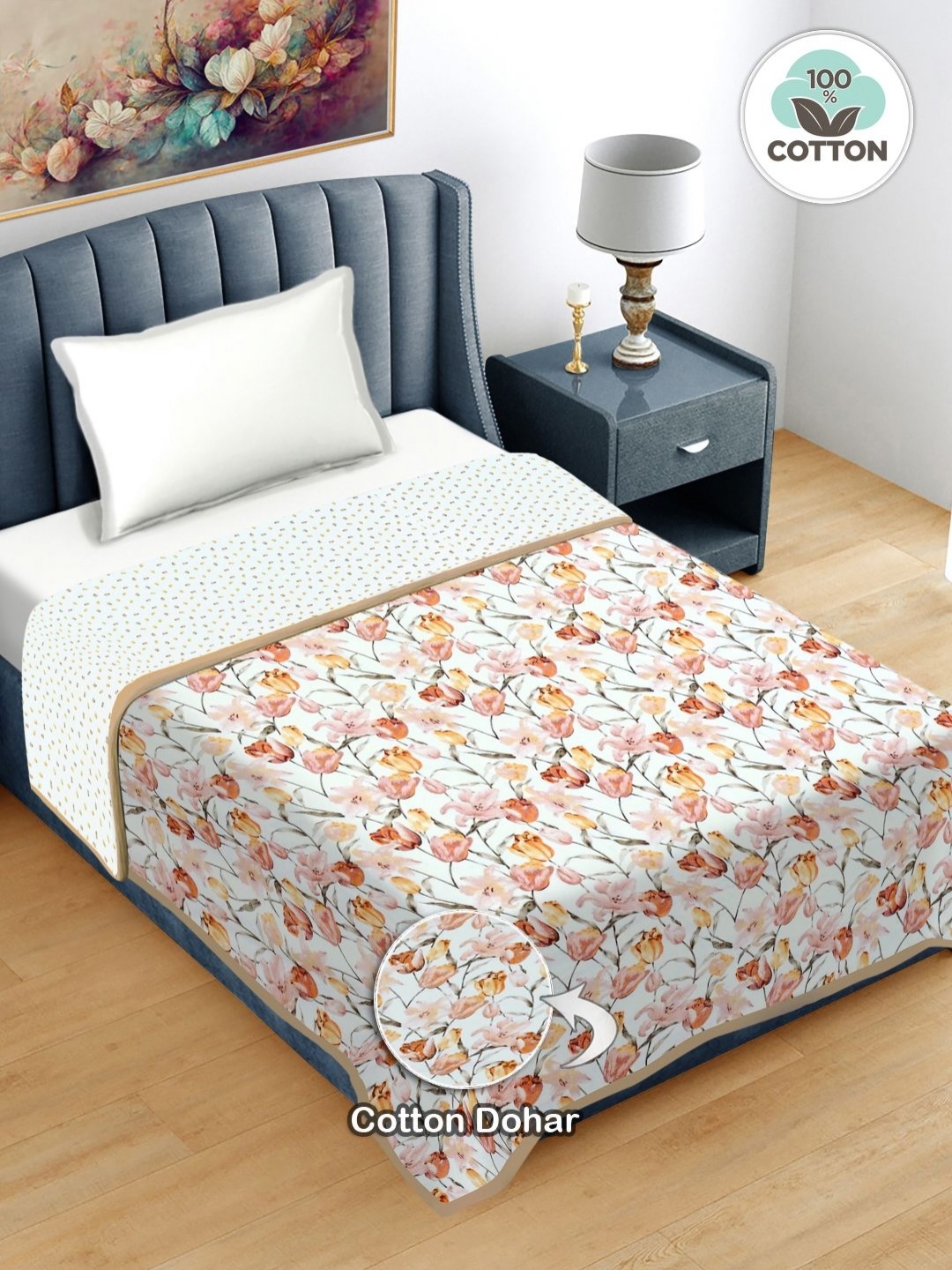 

FABINALIV Brown & White Floral AC Room 300 GSM Single Bed Dohar