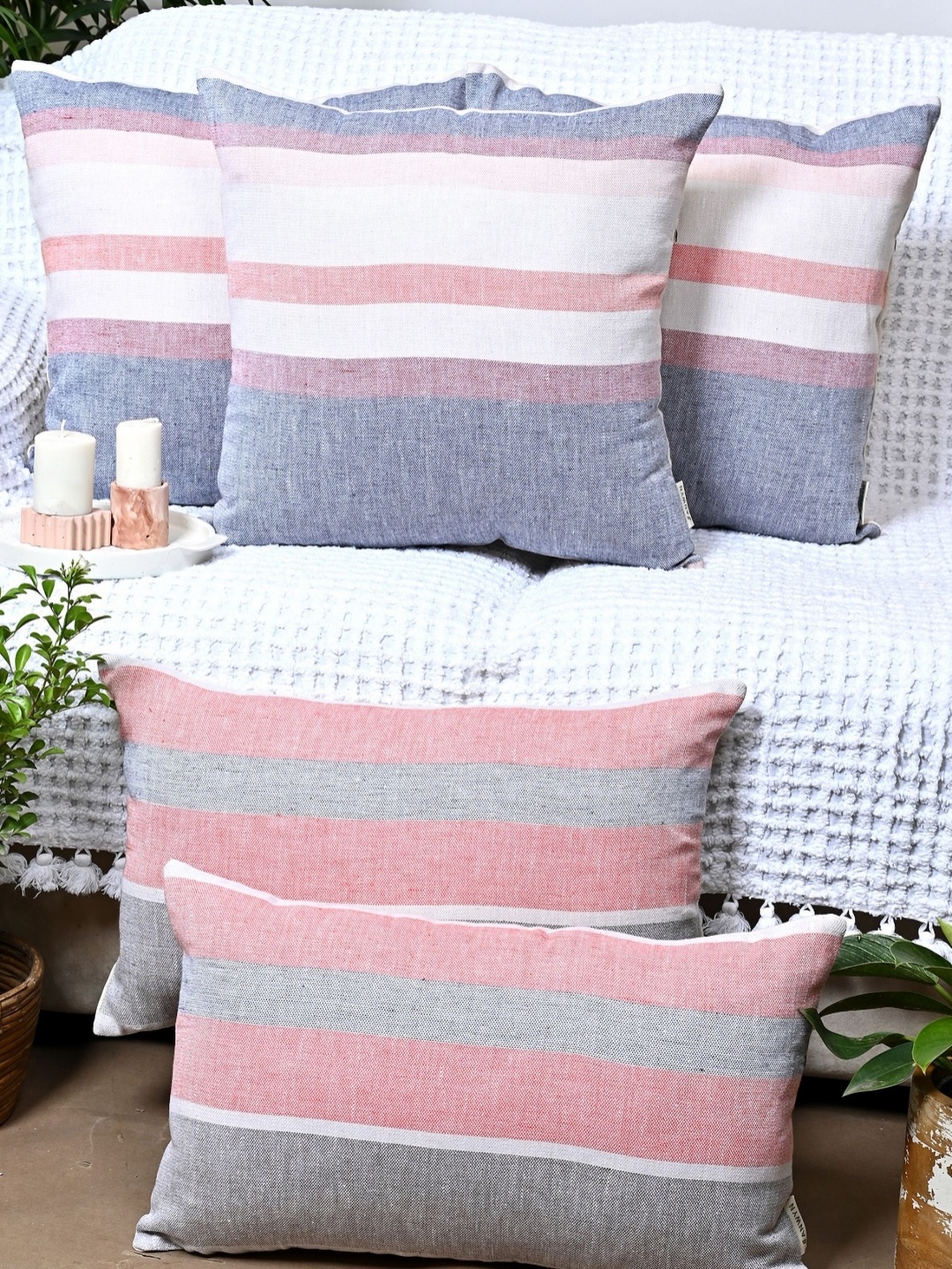 

ANWYN Grey & Pink 5 Pieces Striped Cotton Square Cushion Covers