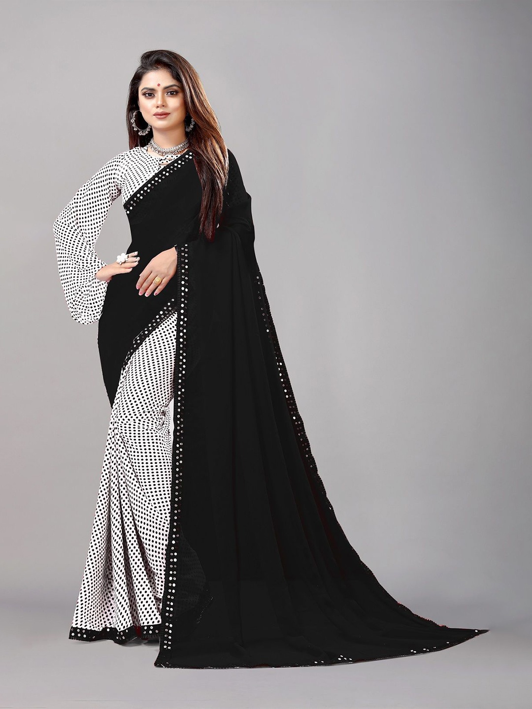 

Moda Rapido Polka Dot Mirror Work Pure Georgette Leheriya Saree, Black