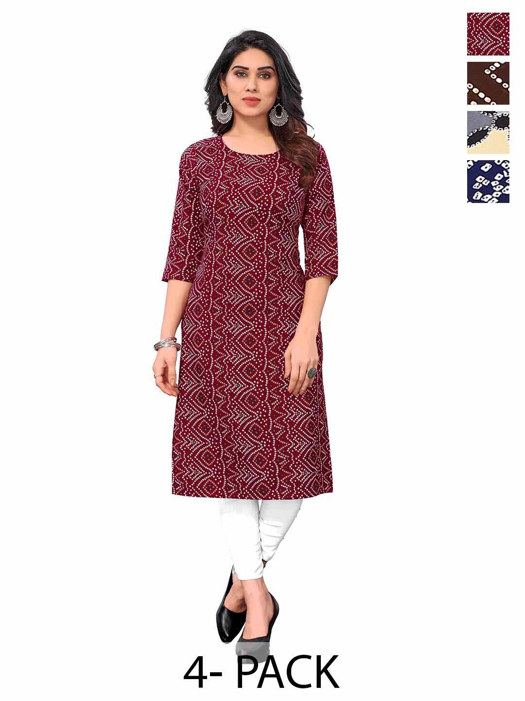 

KETAKI FASHION Selection Of 4 Bandhani Printed Straight Kurtas, Red