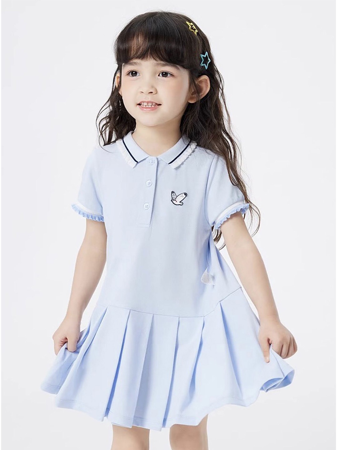 

LULU & SKY Girl Shirt Collar Drop-Waist Pleated Above Knee Dress, Blue
