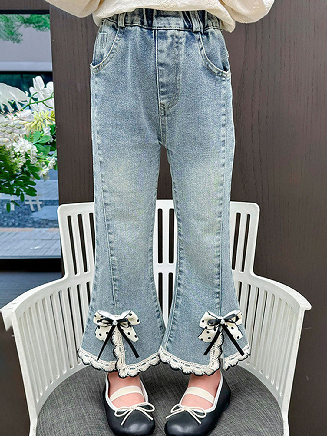 

LULU & SKY Girls Flared Mid Rise Highly Distressed Light Fade Non Stretchable Jeans, Blue