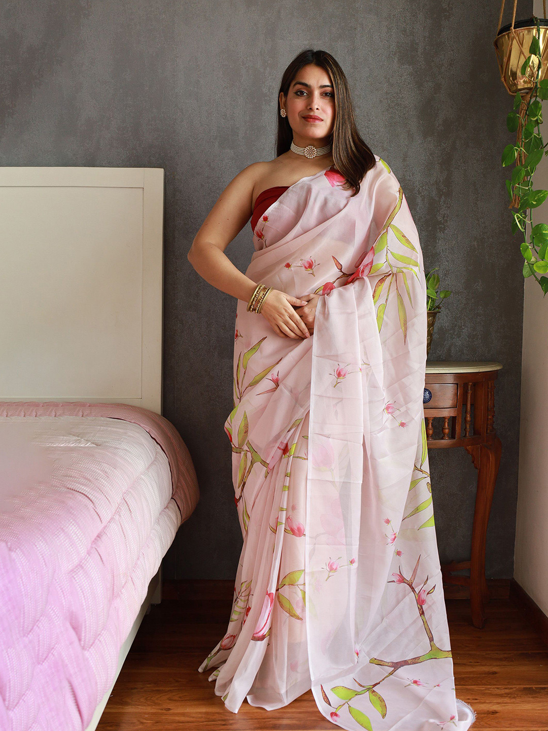 

Anouk Floral Organza Designer Saree, Pink