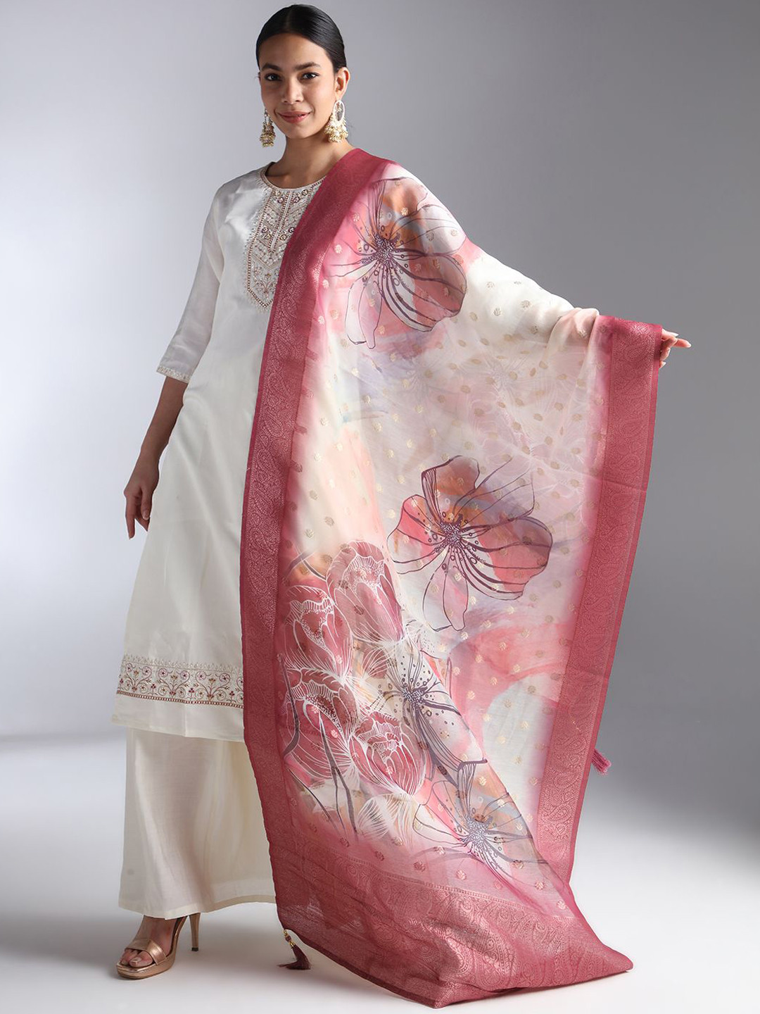

House Of Dharaa Floral Yoke Design Chanderi Cotton Kurta With Palazzos And Dupatta, White