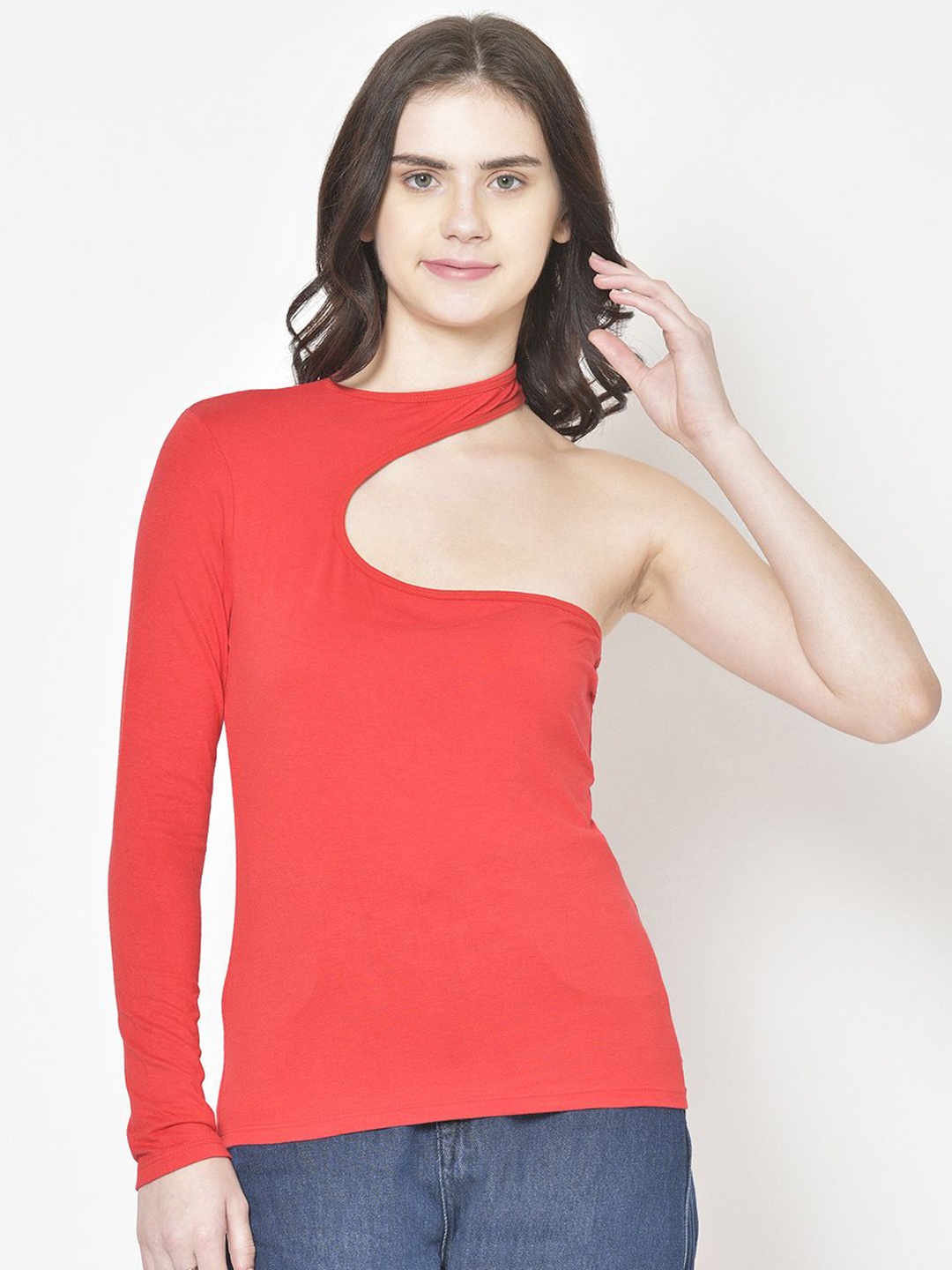 

Moda Rapido Women One Shoulder Cut Out Detailed Pure Cotton Crop Top, Red