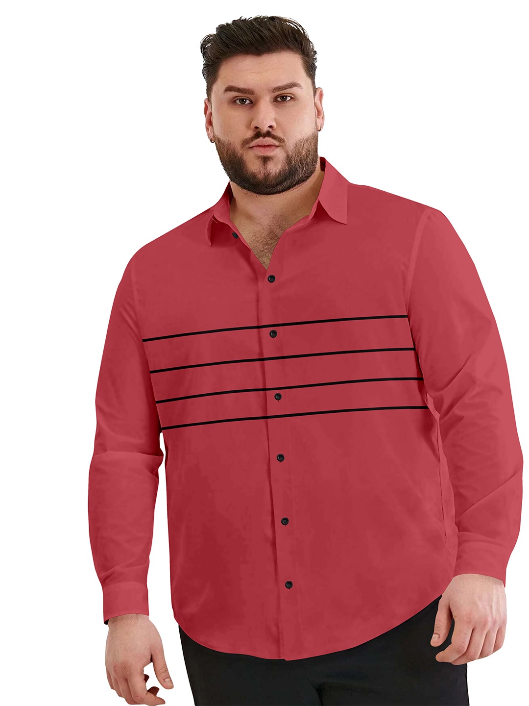 

Aloof Men Classic Fit Spread Collar Horizontal Striped Cotton Casual Shirt, Red