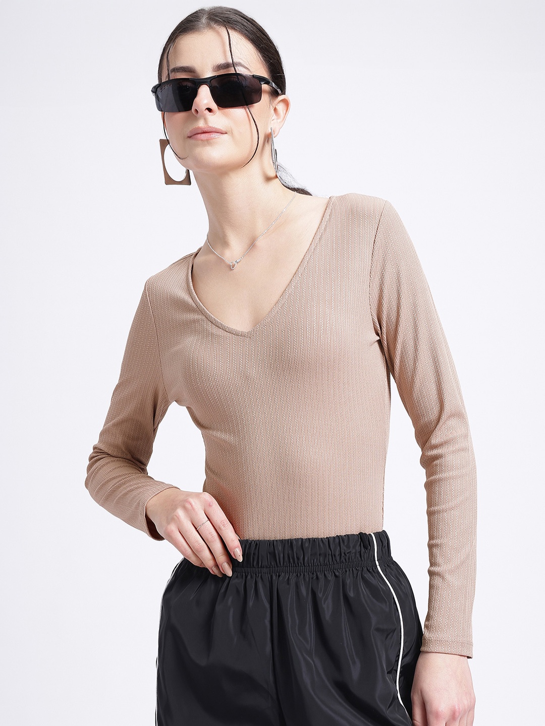 

glitchez Edgy Elegance Self-Design Slim Fit Bodysuit, Beige