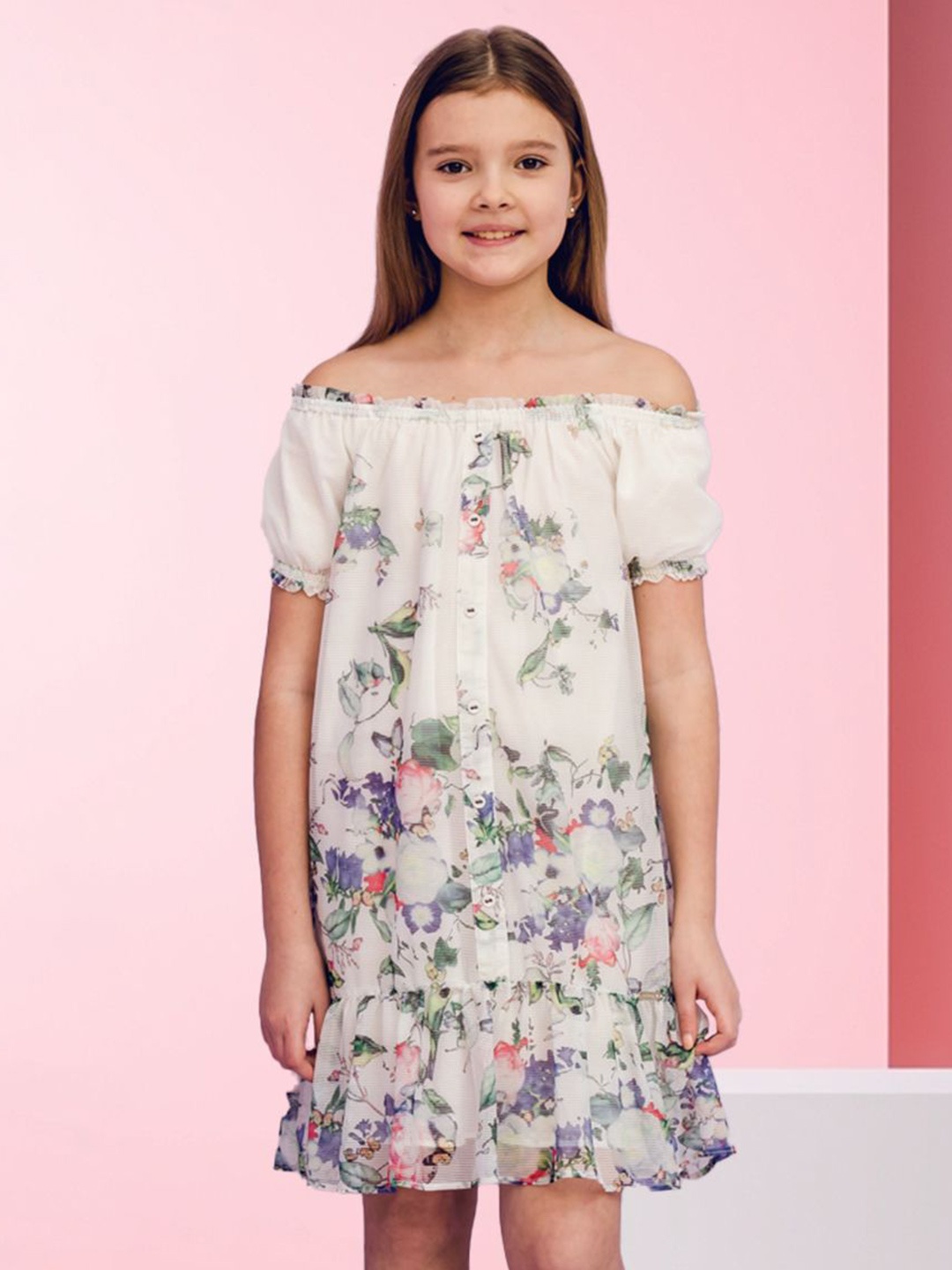 

FOREVER FRIDAY Floral Print Off-Shoulder A-Line Dress, Off white