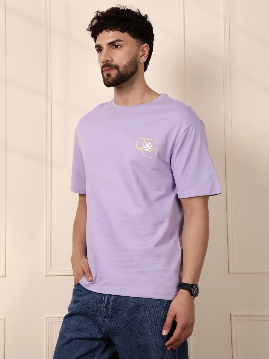 

WROGN Men Graphic Printed Round Neck Cotton Oversized T-shirt, Lavender