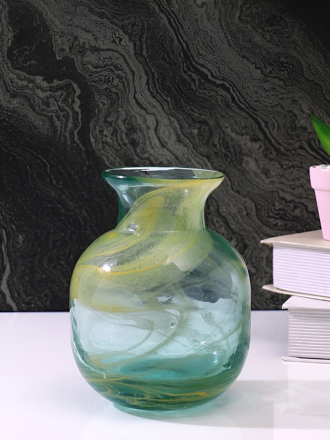

TAYHAA Green & Yellow Printed Glass Flower Vase