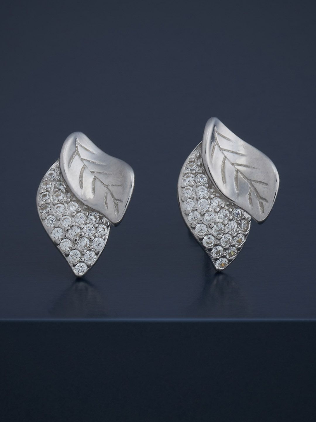 

Kushal's Fashion Jewellery 92.5 Silver Rhodium-Plated Stone Studded Leaf Shaped Studs